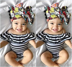 Off the Shoulder Ruffle Striped Romper