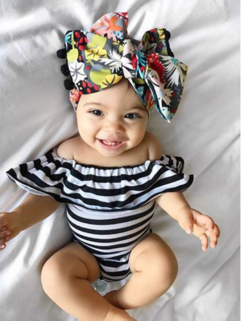 Off the Shoulder Ruffle Striped Romper