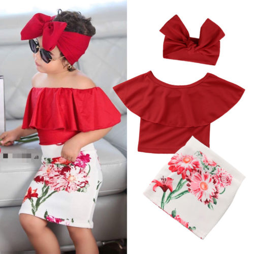 Off the Shoulder Top with High Waist Floral Skirt and Headband