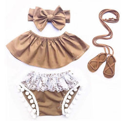 Off the Shoulder Top with Lace Tassel Shorts and bowknot headband