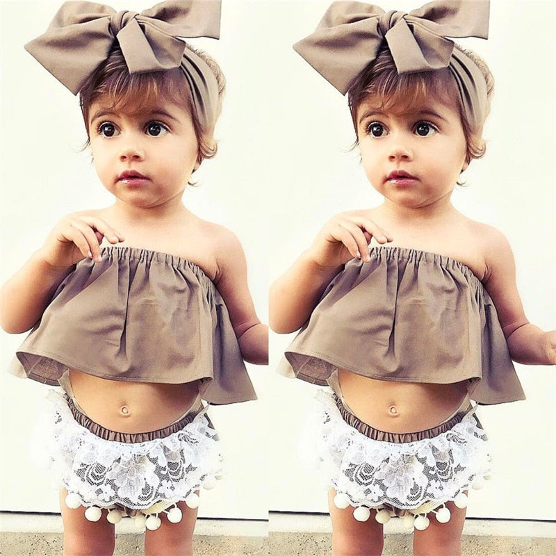Off the Shoulder Top with Lace Tassel Shorts and bowknot headband