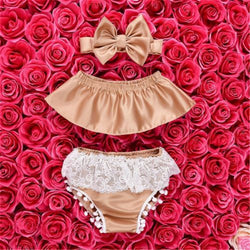 Off the Shoulder Top with Lace Tassel Shorts and bowknot headband