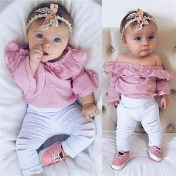 Pink Romper with white Ripped Pants
