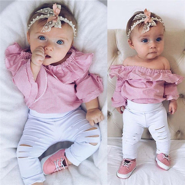 Pink Romper with white Ripped Pants