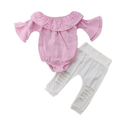 Pink Romper with white Ripped Pants