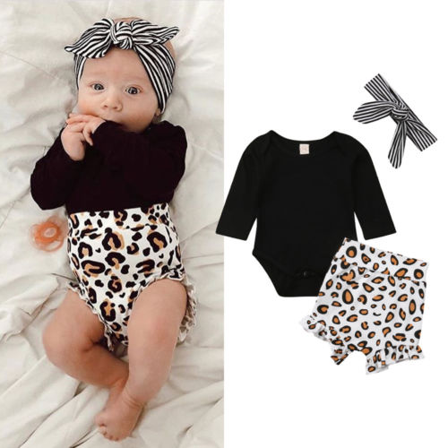 Long sleeve romper top with Leopard Print Pants and headband