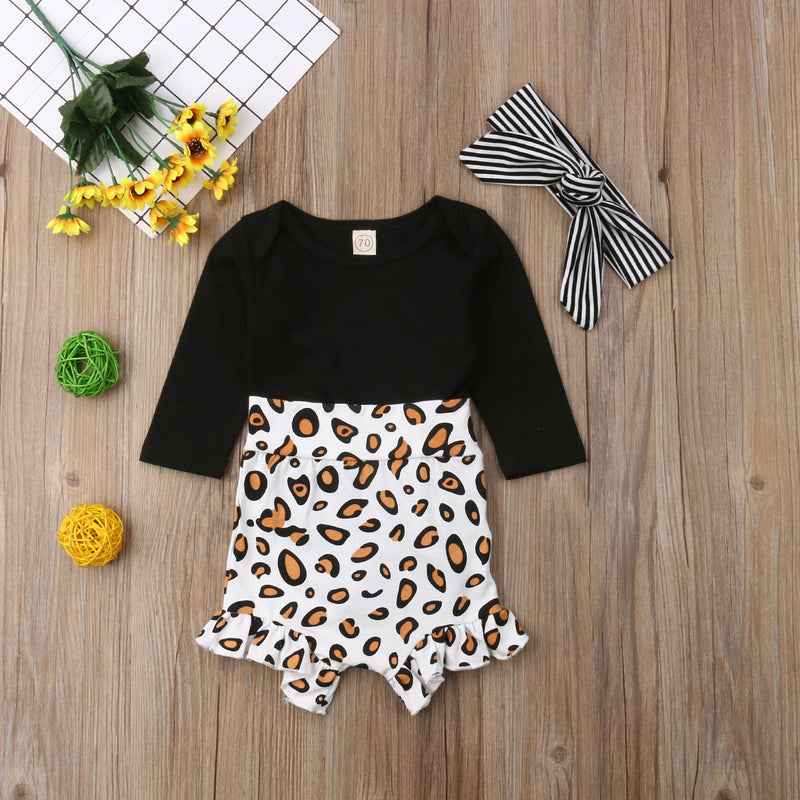 Long sleeve romper top with Leopard Print Pants and headband
