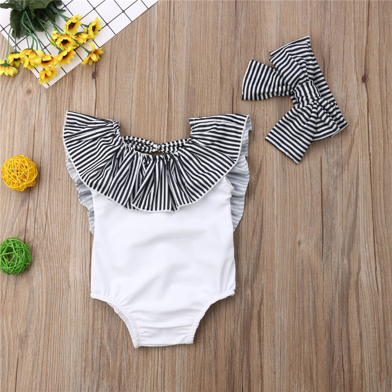 Striped Off the shoulder Swimsuit with Headband
