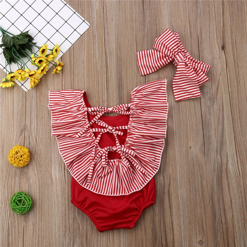 Striped Off the shoulder Swimsuit with Headband