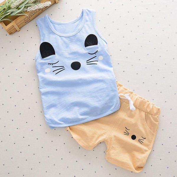 Summer 2Pcs Cat Print Tank with Shorts