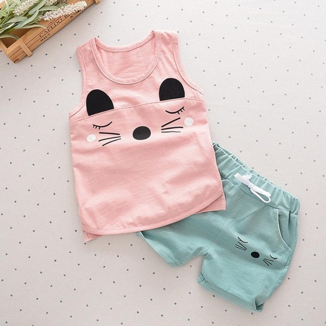 Summer 2Pcs Cat Print Tank with Shorts