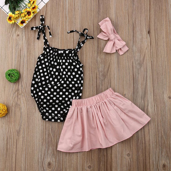 Polka Dot Romper with Skirt and Bow Headband