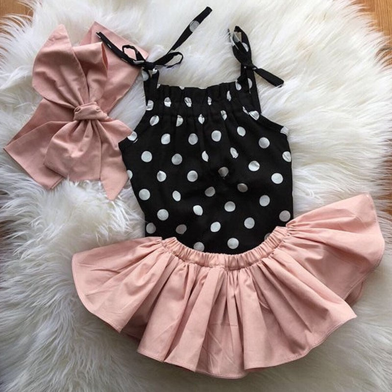Polka Dot Romper with Skirt and Bow Headband